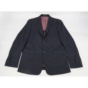 Penguin Mens 42R Suit Jacket Two Button Wool Blend Navy Tartan Plaid Blazer‎